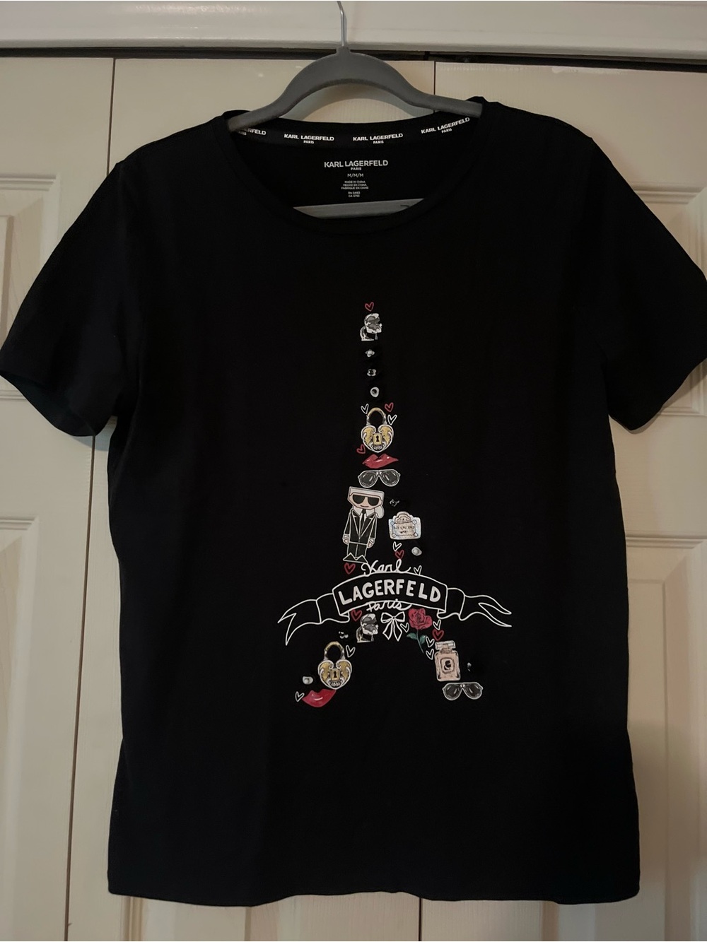 Karl Lagerfeld Black Tee with Colorful Eiffel Graphic